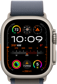 Apple Watch Ultra 2 shown attached to blue Alpine Loop, displaying watch face with complications including GPS, temperature, compass, altitude, and fitness metrics