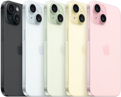 iPhone 15, back view showing advanced camera system and color-infused glass in all finishes: Black, Blue, Green, Yellow, Pink. 