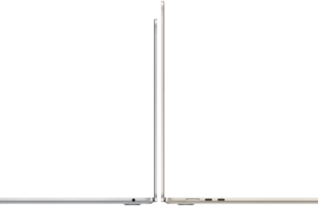 Side view of 13-inch and 15-inch models of MacBook Air in Silver and Starlight, open and back-to-back