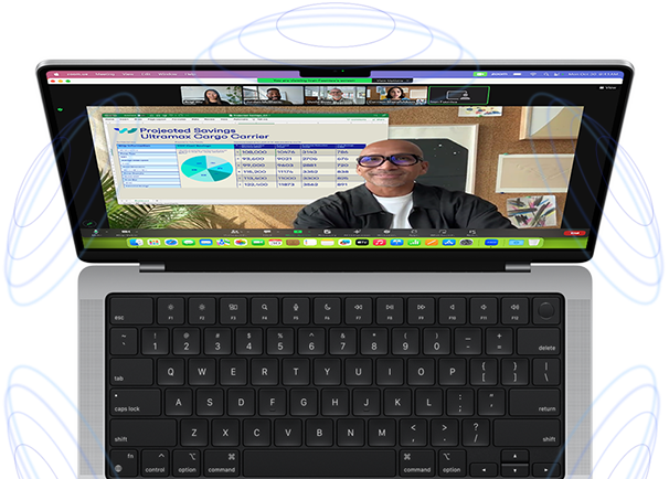 MacBook Pro surrounded by illustrations of blue circles to suggest the 3D feeling of Spatial Audio — Onscreen, a person uses the Presenter Overlay feature in a Zoom video meeting to appear in front of the content they are presenting